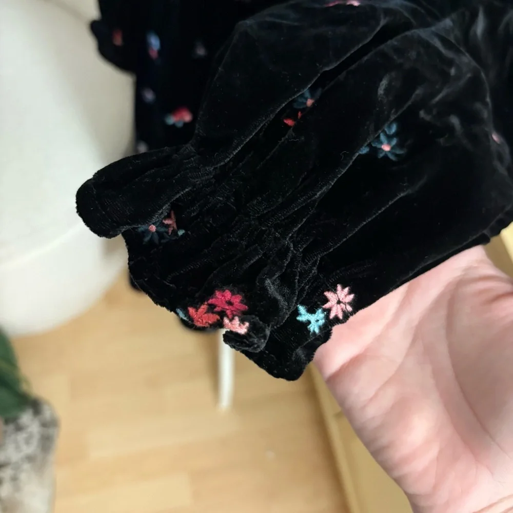 SEZANE Velvet Titiane Dress Midi Floral Embroidered In Noir Broderie Size 34 NWT